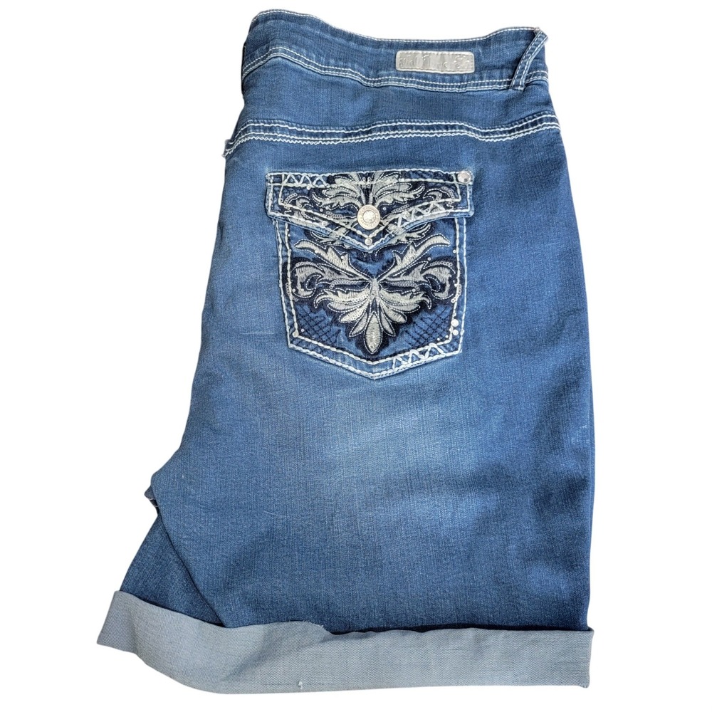 WallFlower Denim Shorts Womens 24 Blue Embroidered Pockets Cuffed Stretch